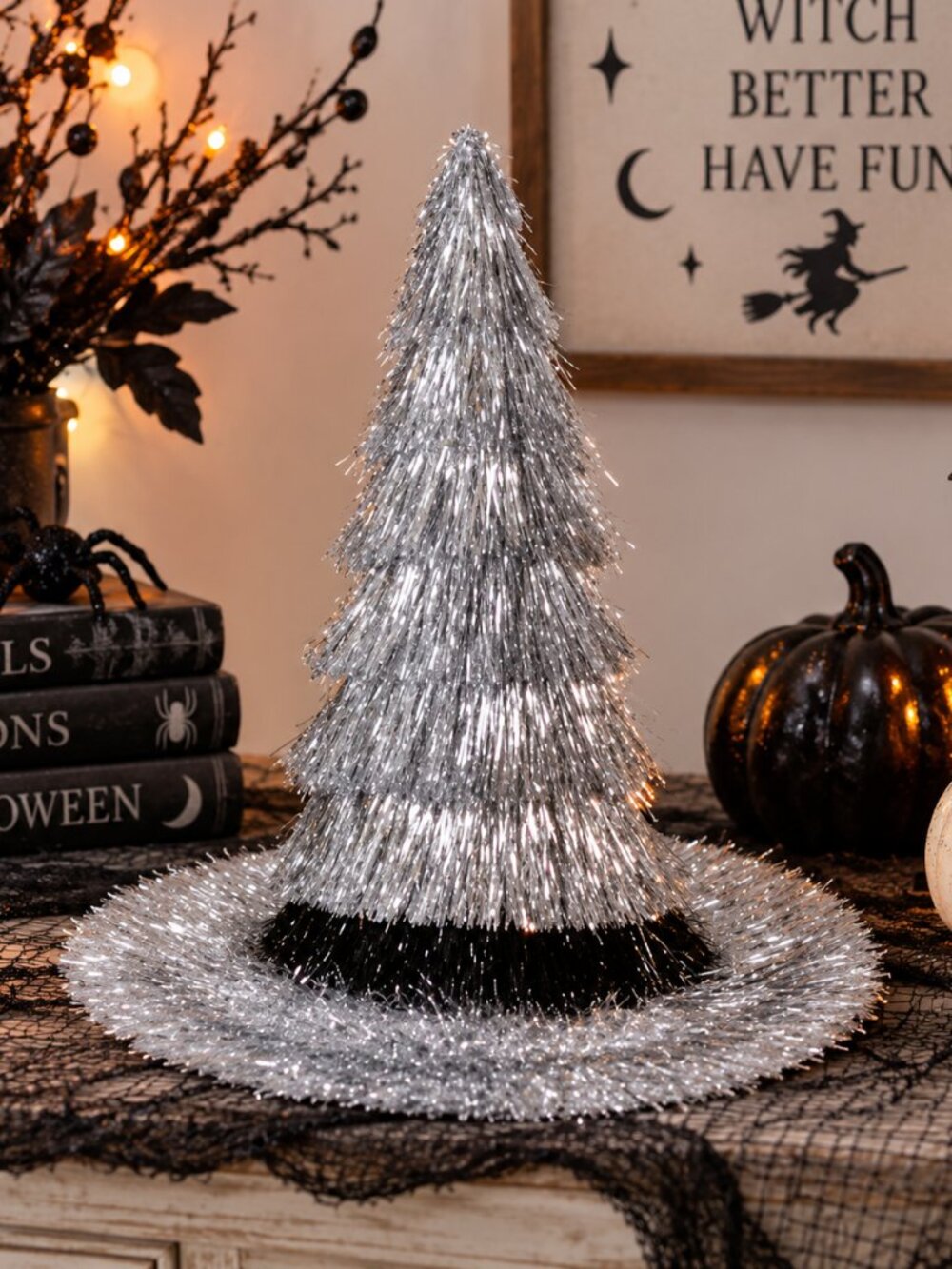 Hyde EEK Witch Hat Halloween Decor 14" Silver Tinsel Tabletop Decoration